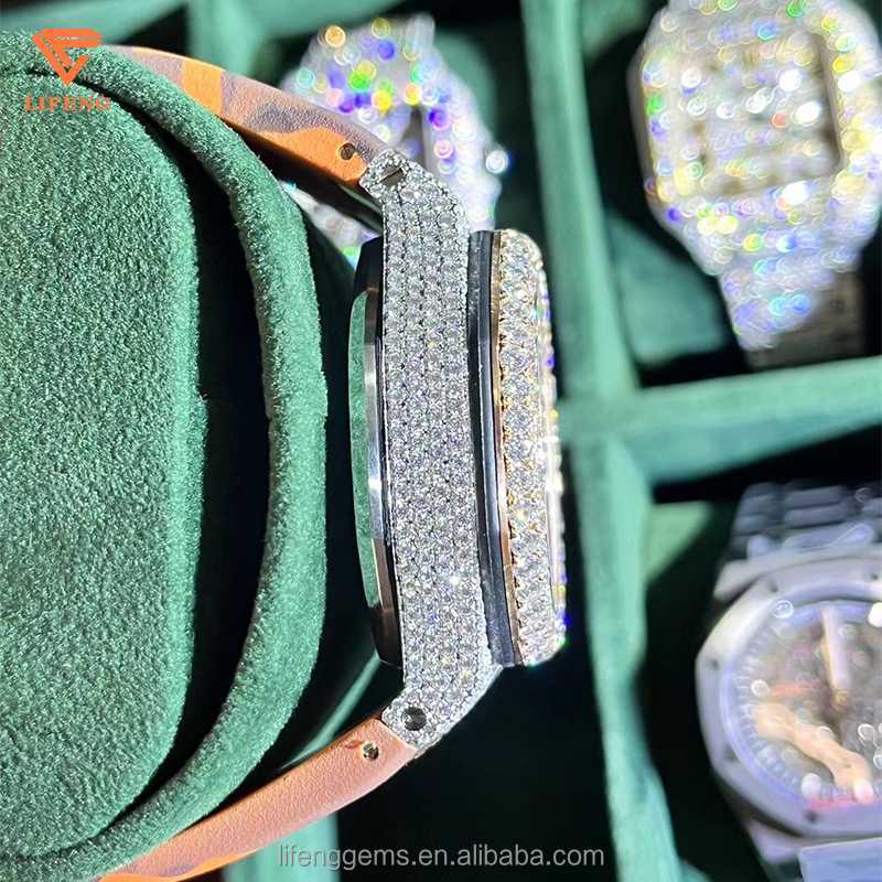 

20236QDC Iced out diamond watch for men Hip-hop moissanite jewelry Luxury date watch handmade mechanical leather watch, Hiphop