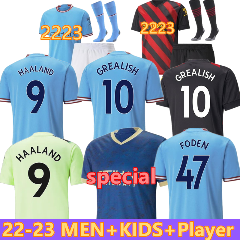 

22 23 HAALAND SOCCER JERSEYS GREALISH STERLING MANS CITIES MAHREZ fans player version DE BRUYNE FODEN 2022 2023 football tops shirt kids kit sets uniform, White
