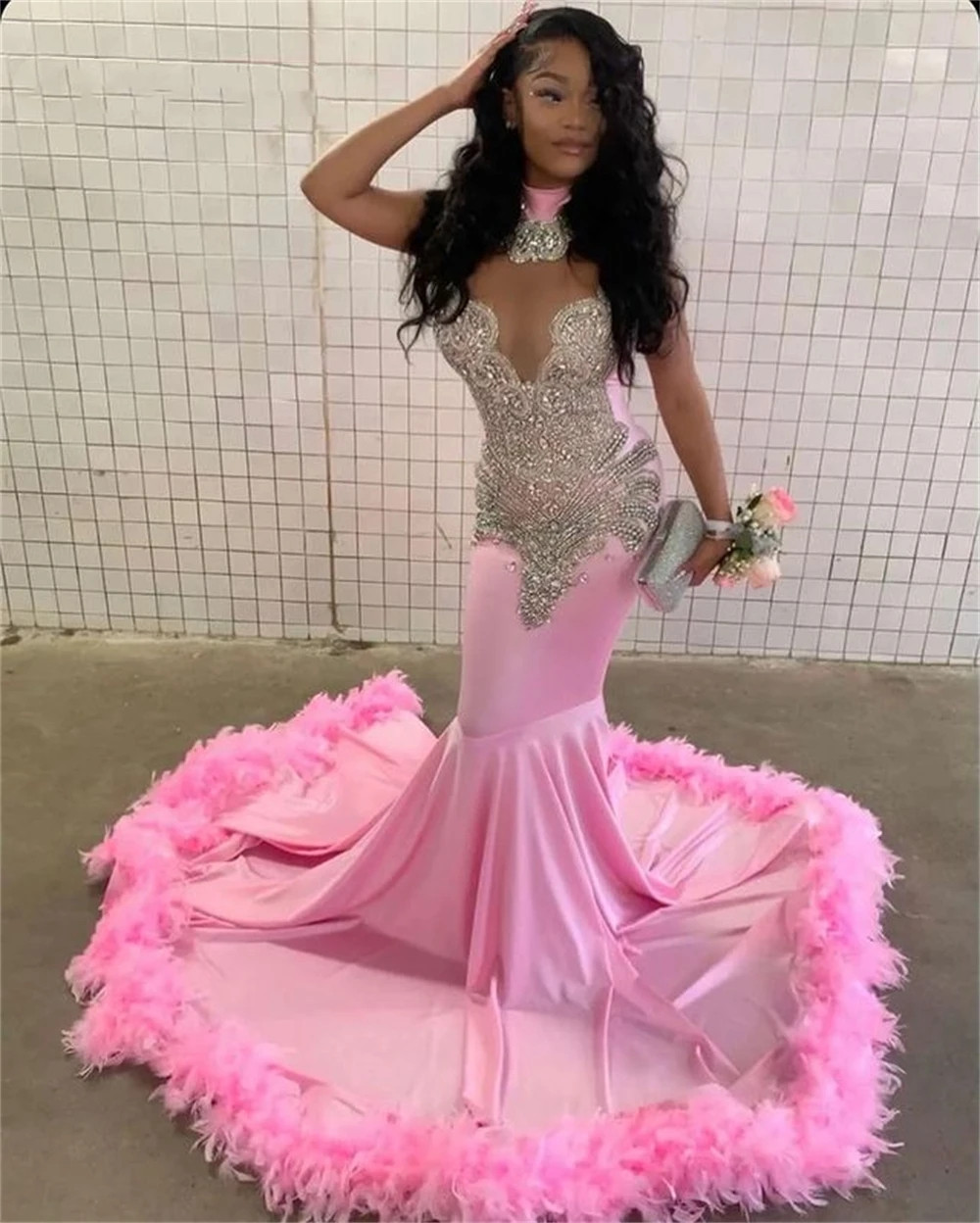 Plumes roses robes de bal sirène 2023, fille noire sier cristal perle