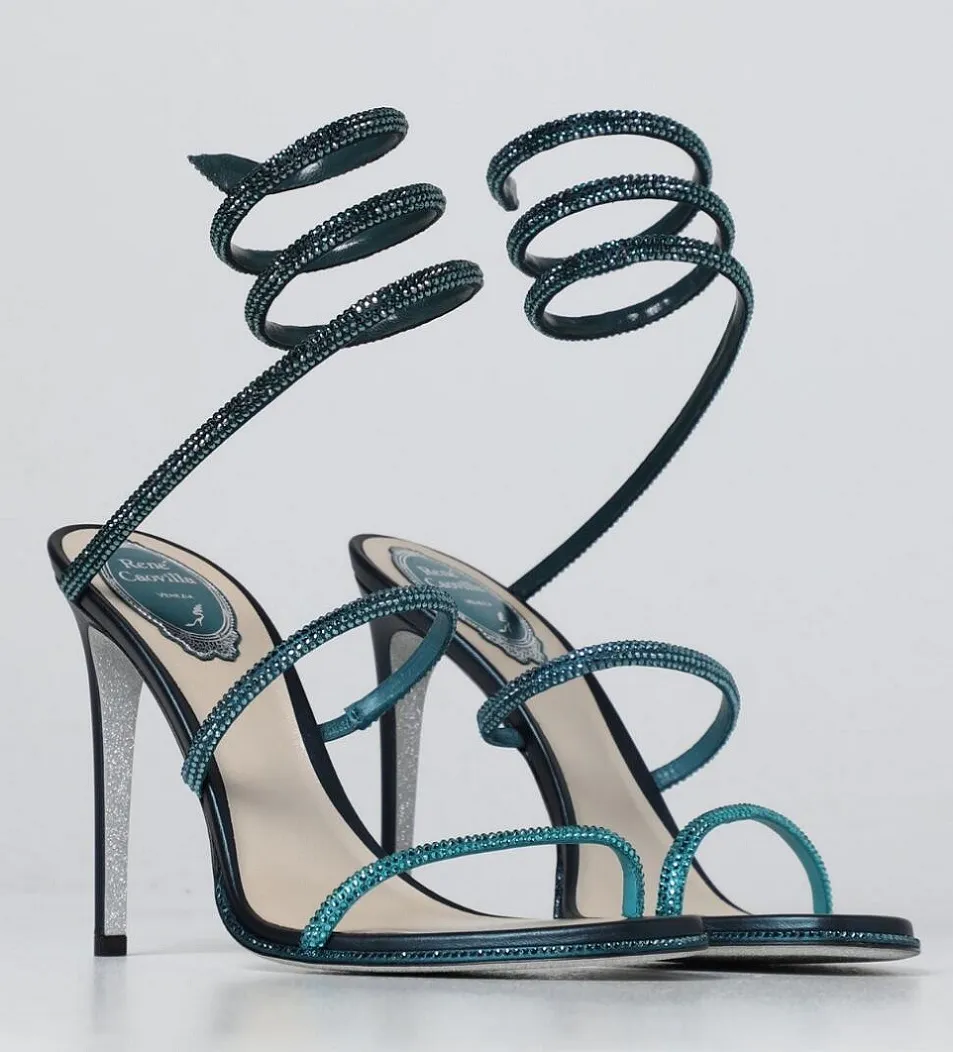 

Elegant Rene Crystal-embellished Cleo Sandals Shoes Women High Heels Glitter Sole Caovilla Lady Party Wedding Dress Spiral Ankle Strap Sexy, 12