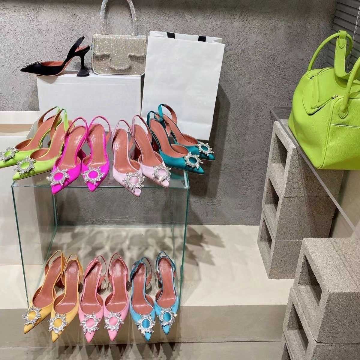 

Amina muaddi Dress Shoes sandals Satin pointed slingbacks Bowtie pumps Crystal-sunflower high heeled shoe10cm Women's Luxury Designer Party, White