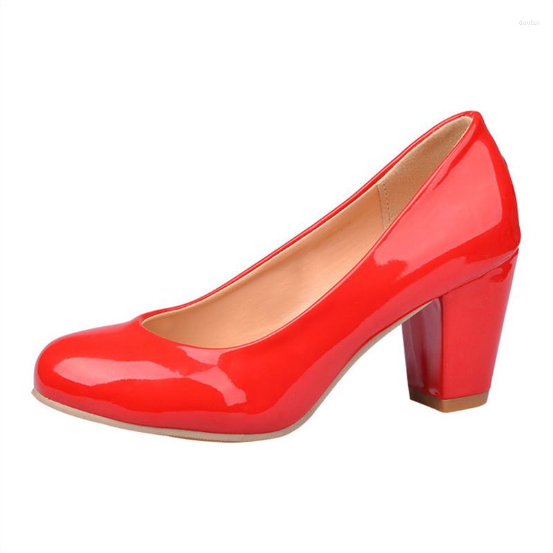

Dress Shoes Lady High Heel Black Patent Leather Round Toe Larger Size 43 47 Women's Red Low Top Zapatos For Wedding Party Fashions