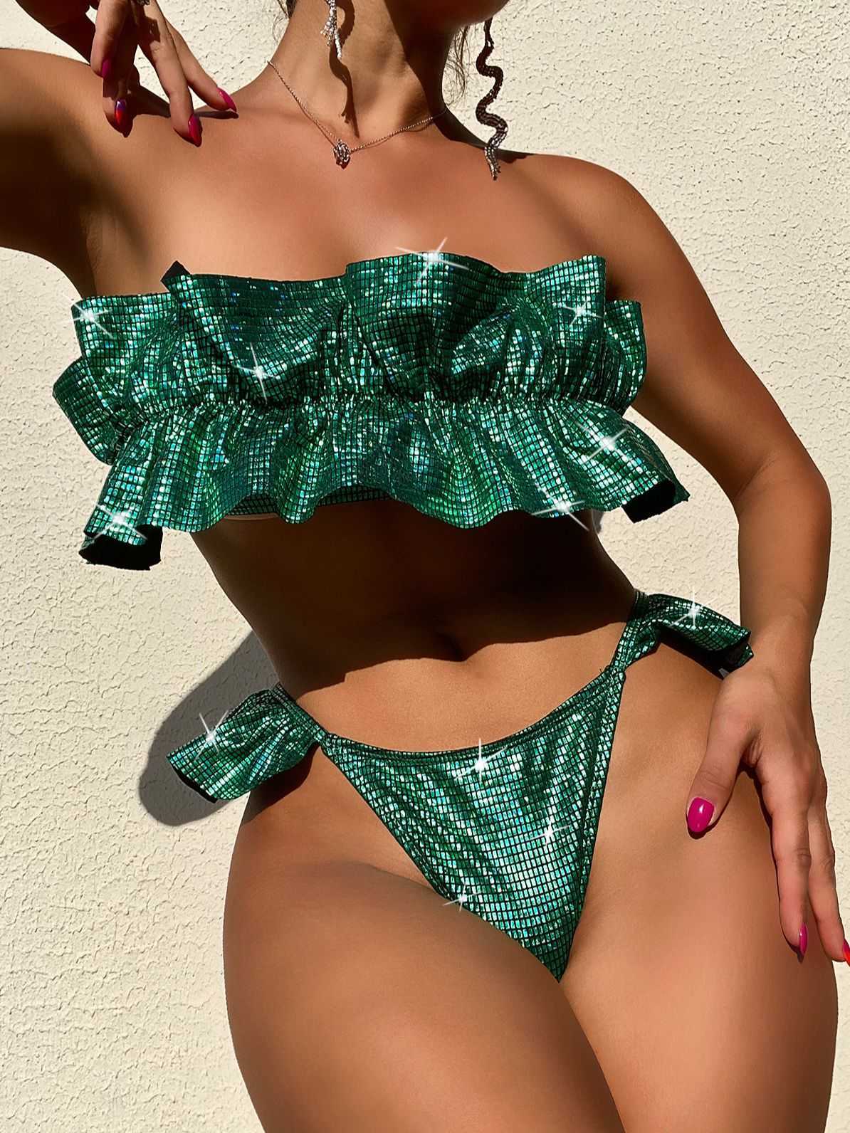 

Sexy Bikini Bandeau Women Swimsuit 2023 Brazilian Biquini Ruffle Female Swimwear Sparkling Swimming Suit Beachwear Bikini Set