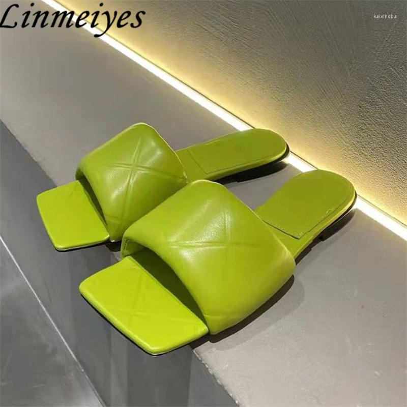 

Slippers Women Genuine Leather Flat Mules Shoes Square Peep Toe Summer Candy Color Slides Woman Zapatillas Mujer, Beige