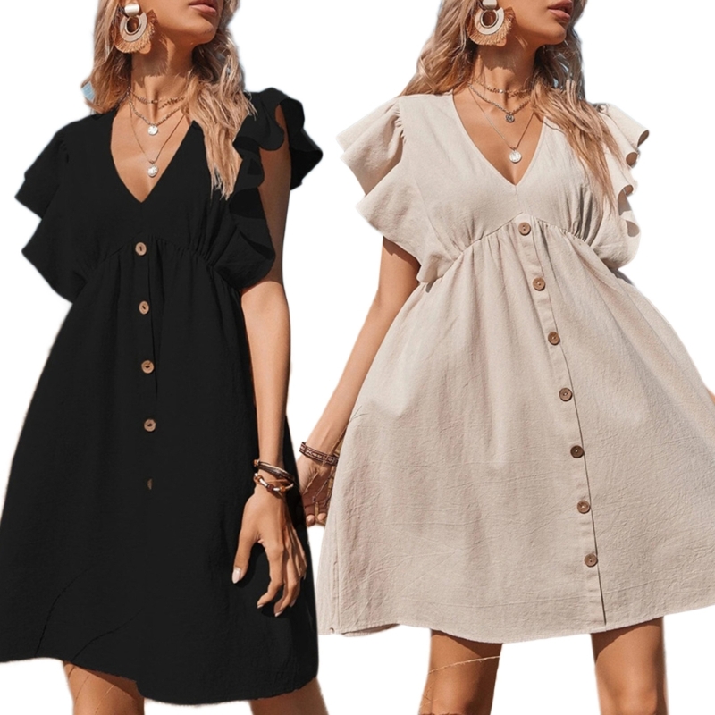 

Womens V-neck Dress Button Front Dress Sweet Ruffle Hem Mini Dress Flowy Swing Dress for Spring Summer Party Holiday Ins, Khaki