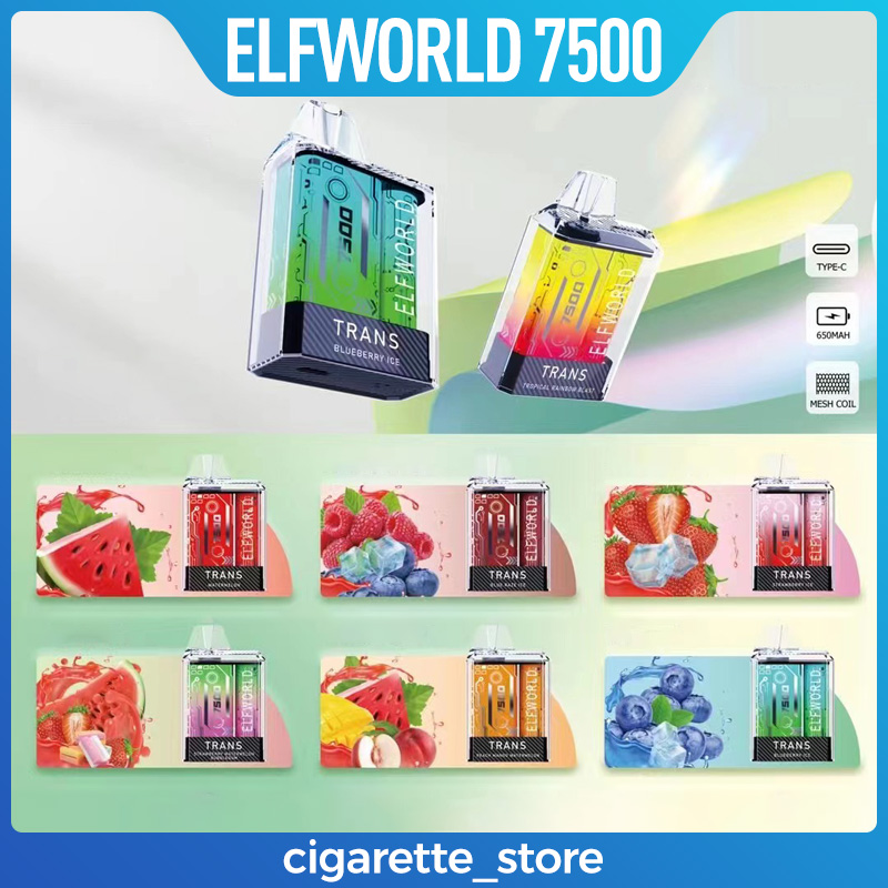 

Original Elfworld Trans 7500 Puffs E Cigarettes Disposable Box Vape Pen 650mAh Rechargeable 15ml Refilled Reuse Cartridges Mesh Coil Vapes Pod Bar Vaporizer