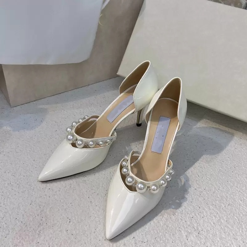 

Fashion Women's Designer Shoes Pink Pointed Toes High-heeled Sandals Pearl Business Wear Banquet Pumps, White
