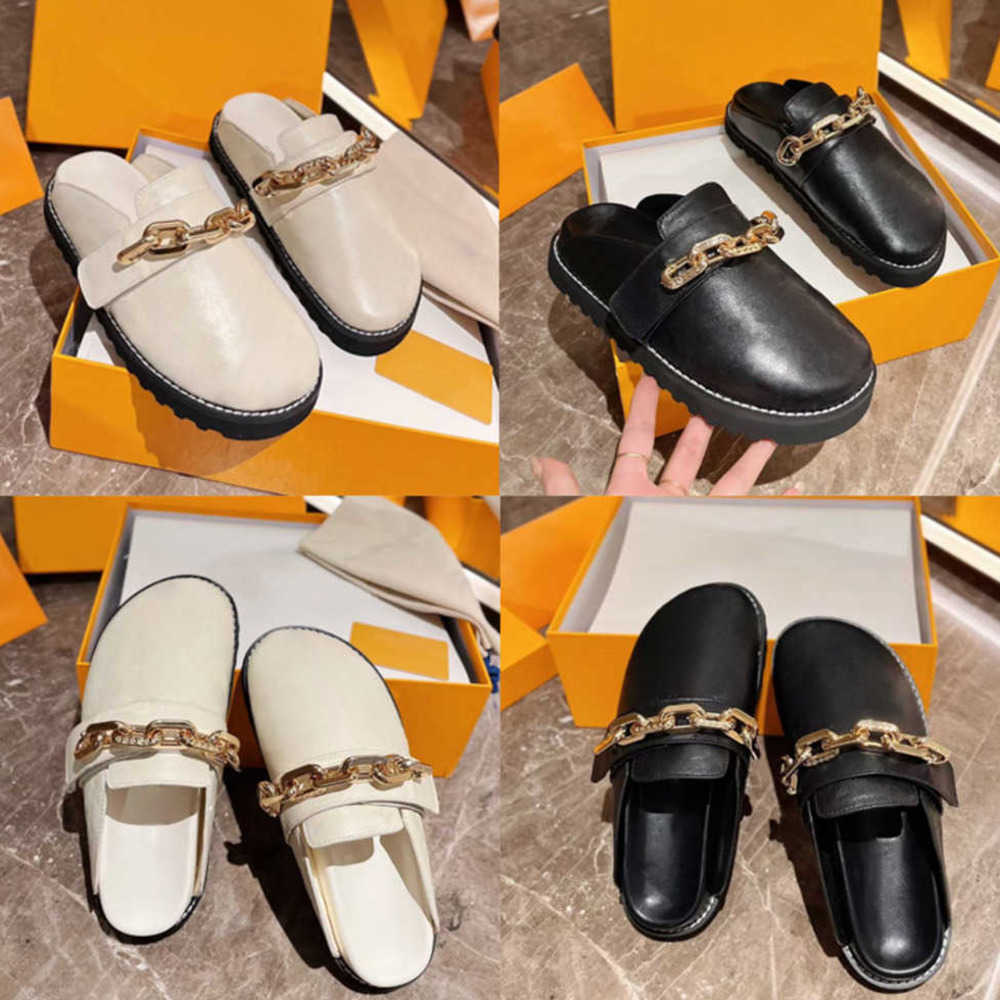 

Designer Women Summer Slipper Platform Sandal Princetown Slippers Mules Loafers Genuine Men Leather Flats Metal Chain Casual Shoes With Box NO437