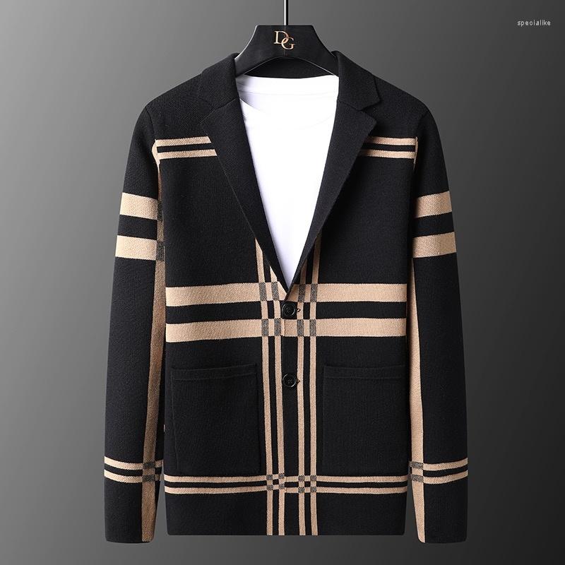 

Men's Sweaters Luxury European American Fashion Stripe Plaid Knitted Cardigan Spring And Autumn Korean Casual Men's Sweater Coat, Yellow