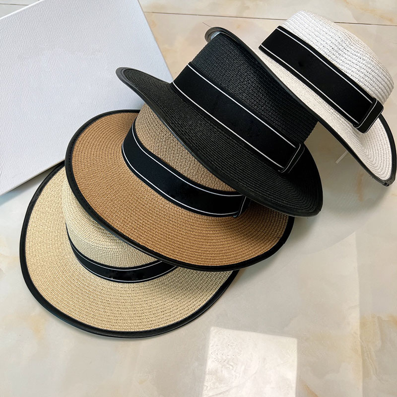 Black Ribbon White Stripe Wide Brim Hats Women Flat Top Simple Generous Straw Hats Female Party Resort Fashion Sun Hats