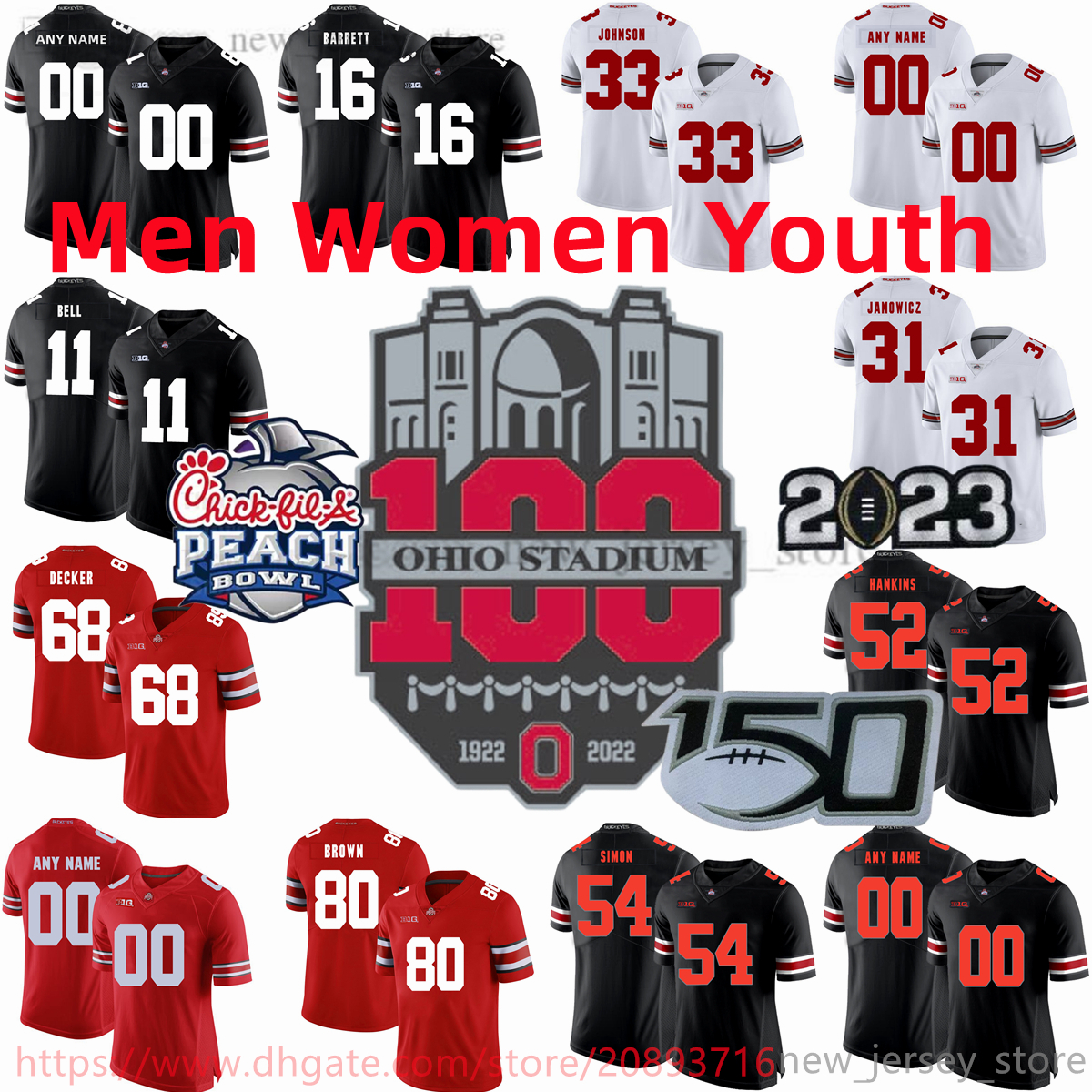 

Custom S- 2023 Peach Bowl NCAA College Ohio State Buckeyes Football Jerseys 1 Braxton Miller 2 Chris Olave 4 Curtis Samuel 7 CJ Stroud 16 J.T Barrett 12 Cardale Jones, With 100th patch