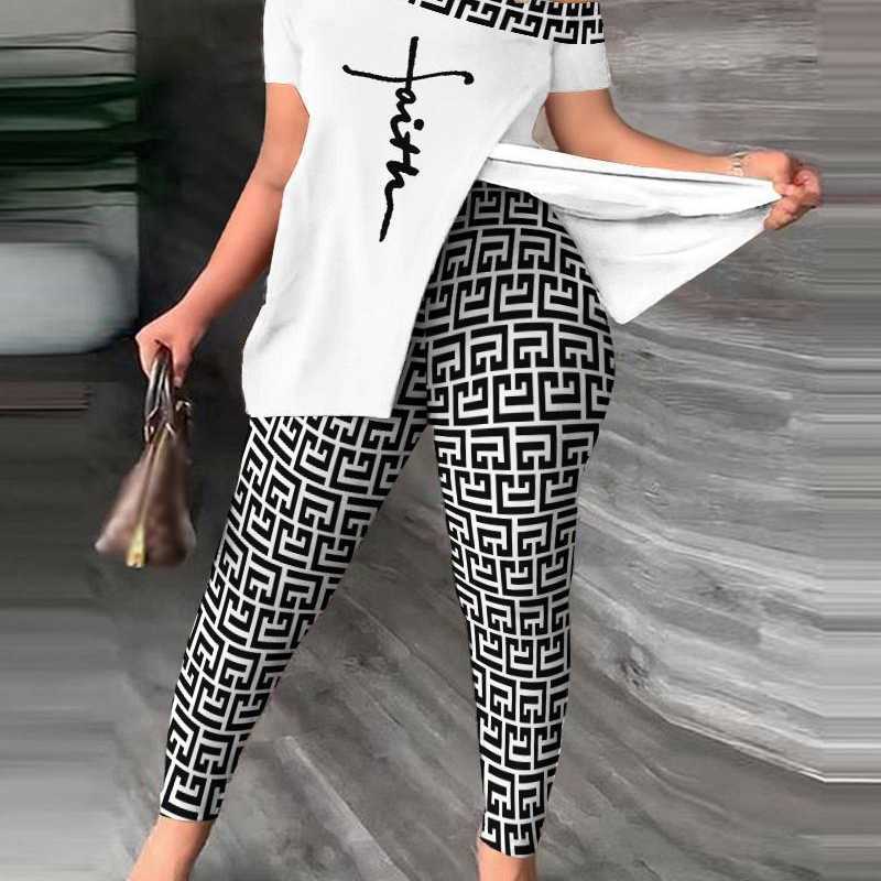 

2023 Spring And Summer New Womens Two Piece Pants Set Irregular Short Sleeve Slotted Collar Tops And Pencil Pants Outfits Plus Size 3xl, #6