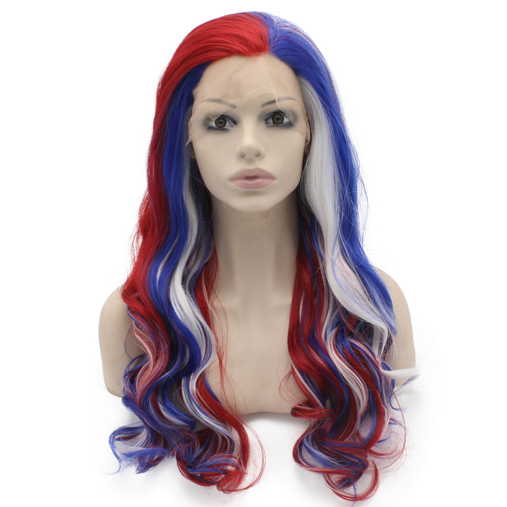 

Long Wavy Wig Blue Red White Heat Friendly Synthetic Hair Lace Front Wig Cosplay Party, Mix color