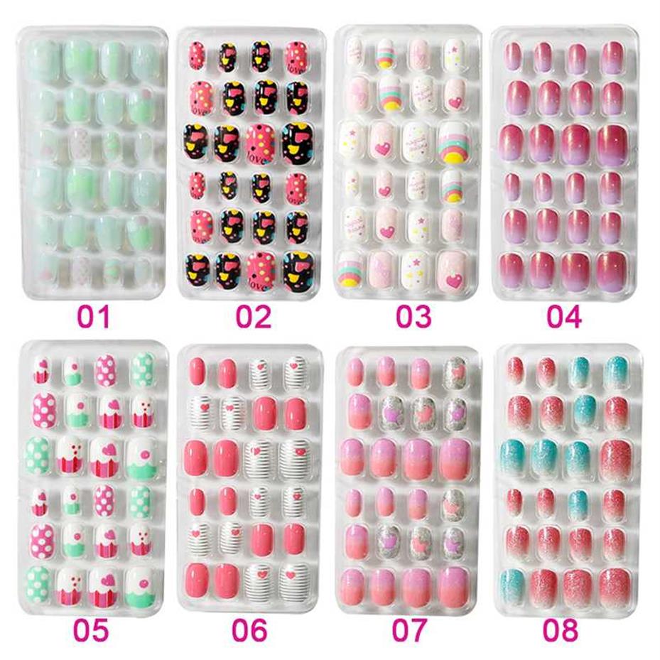 

24PCS Lot Candy False Nail Tips Press On Children Cartoon Full Cover Kid Glue Self Fake Nail Art for Girls Manicure Tips T345243S