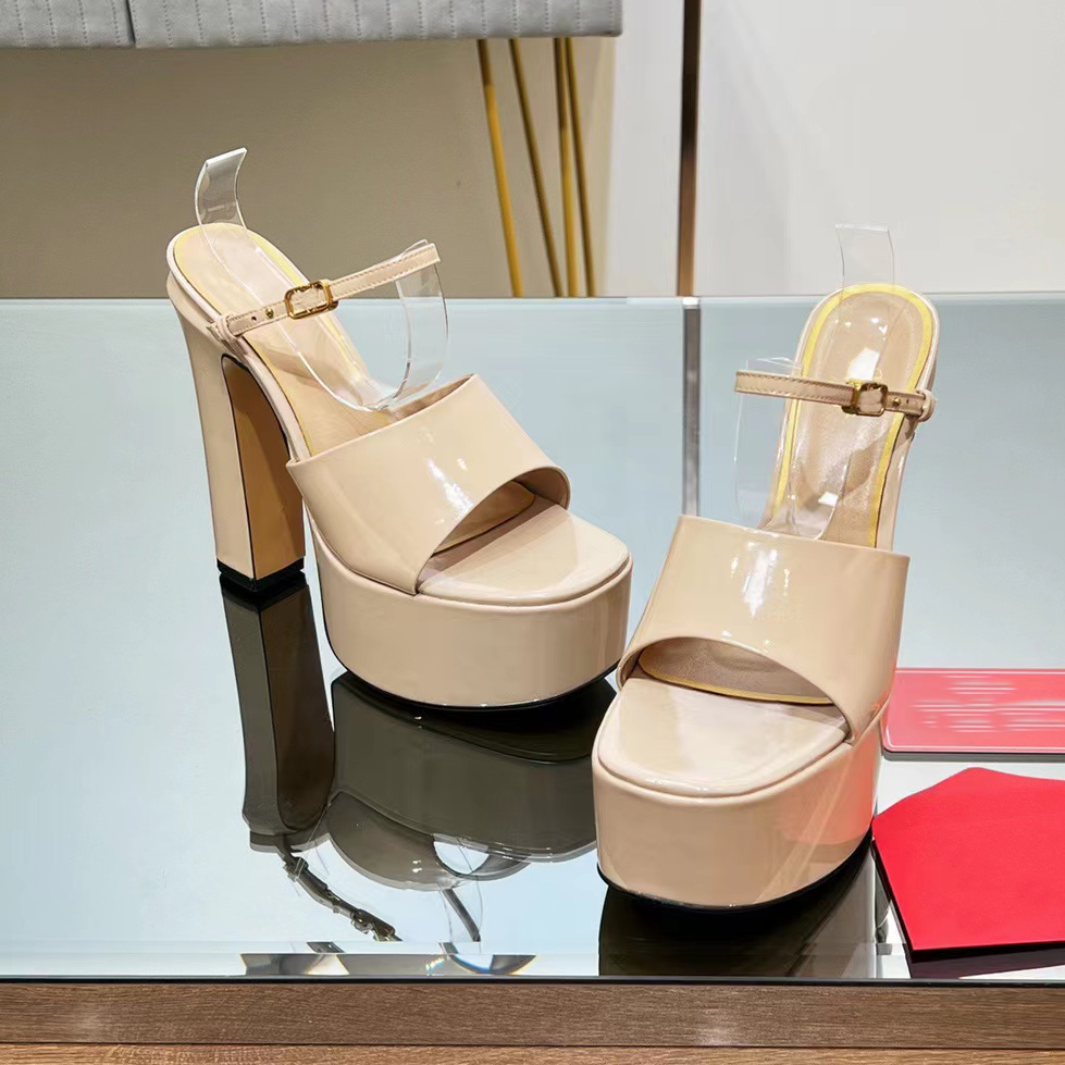 

Back empty sandals Women patent leather high heel dress shoe Rhinestone buckle thick bottom platform Fashion casual slippers Designer gives quality factory shoes, Mint green+rhinestone