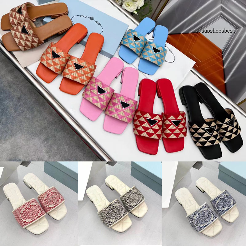 

2023 Slipper for womens sandal Embroidered Fabric Slides Triangle Logo Designer Slippers Geometric Figures Mules Summer Leather Flat Slide Rubber SoleSize 35-42