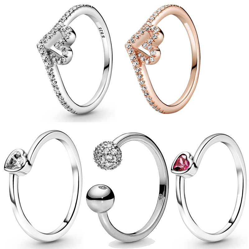 

925 Silver Women Fit Pandora Ring Original Heart Crown Fashion Rings Pave Bead Open Wishbone Heart Tilted Heart Solitaire