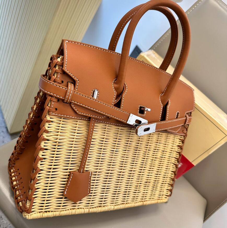 

9A Quality Luxurys Designer Kellies birkines bag Cowhide Top Rattan weave Leather 30CM With Box Tote Woman tote Bag Classic Handle Fashion Hardware Lady handbag, Brown