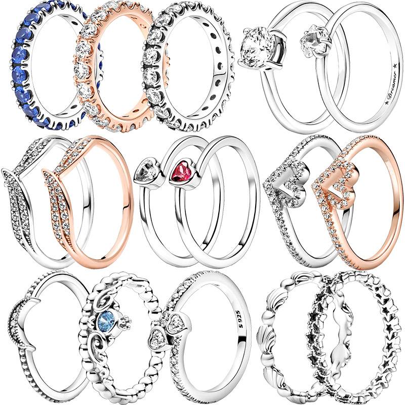 

925 Silver Women Fit Pandora Ring Original Heart Crown Fashion Rings Sparkling Wishbone Moon Tilted Heart Crown Flower Clear Zircon CZ