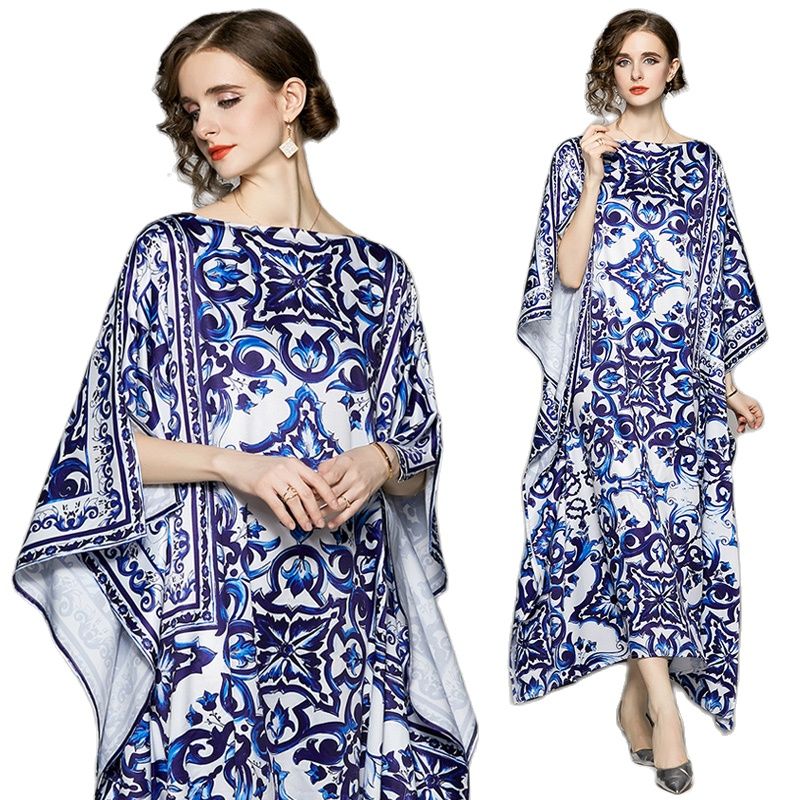 

Retro Floral Resort Beach Maxi Dress Bat Sleeve 2023 Summer Flowy Casual Party Tall Long Dresses Womens Elegant Vintage Printed Boho Vacation Lady Clothing Plus Size, Champagne