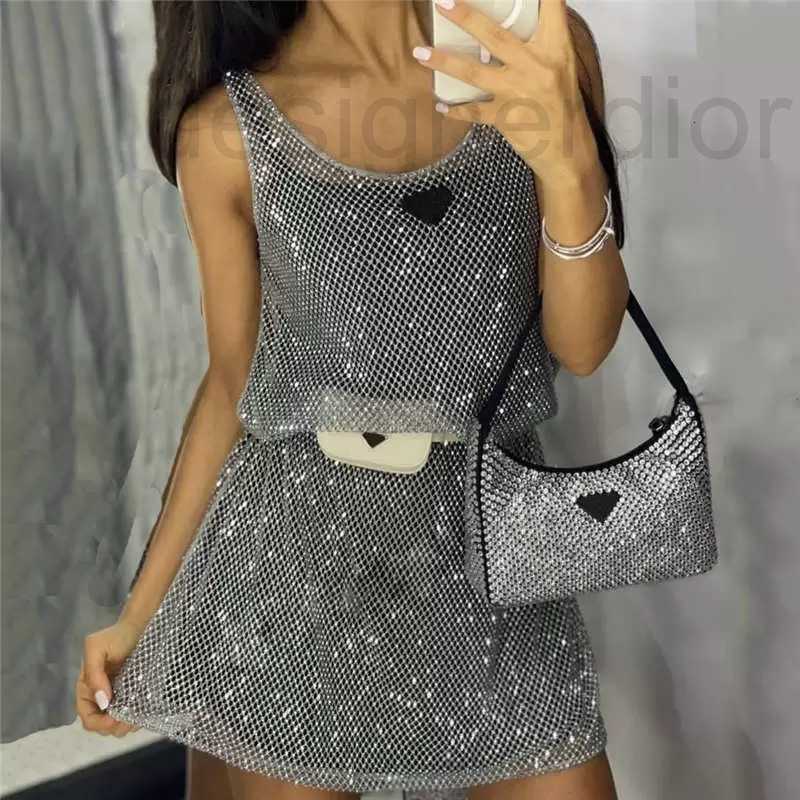 

Casual Dresses designer Shiny Rhinestone Mesh Vest With Base Skirt Designer Ladies Party Night Club Silver Dress HY8H
