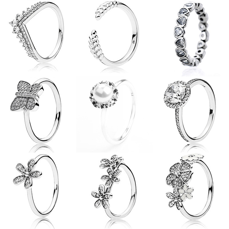 

925 Silver Women Fit Pandora Ring Original Heart Crown Fashion Rings Flower Pearl Butterfly Rice Ear Crystal Wedding
