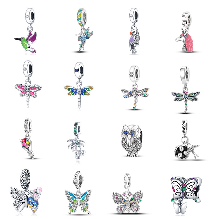

925 Sterling Silver Charm for Pandora New Spring Rain, Flowers and Birds, Beaded Dragonfly, Gradient Bead DIY Butterfly Accessories