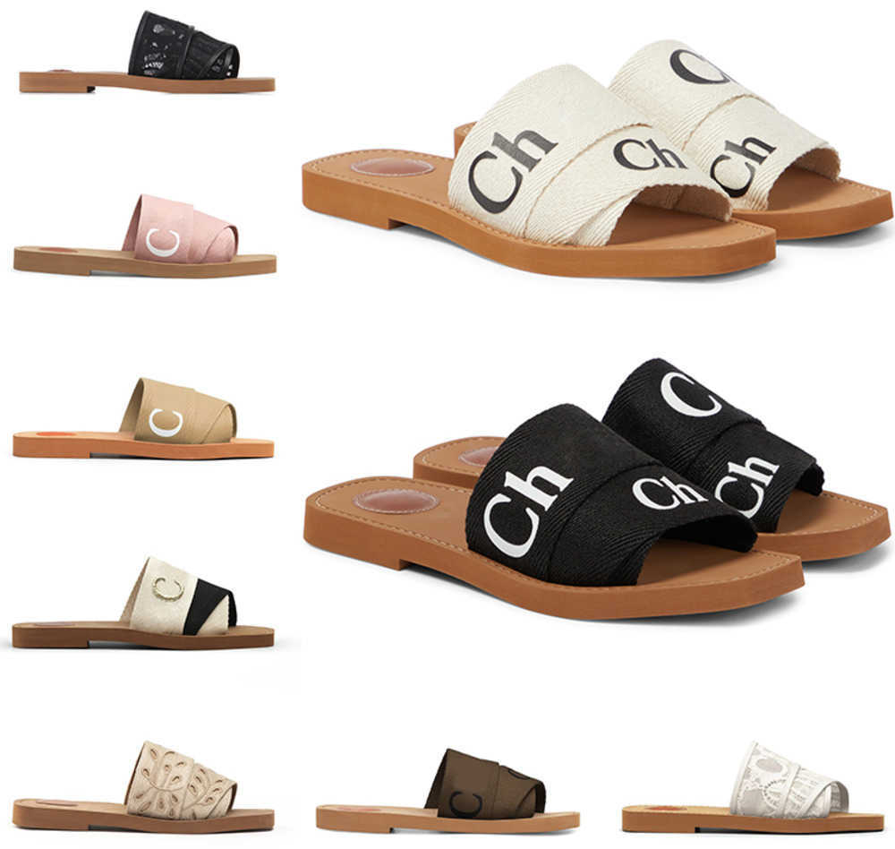 

2023 designer Woody sandals for women Mules flat slides Light tan beige white black pink lace Lettering Fabric canvas slippers womens summer