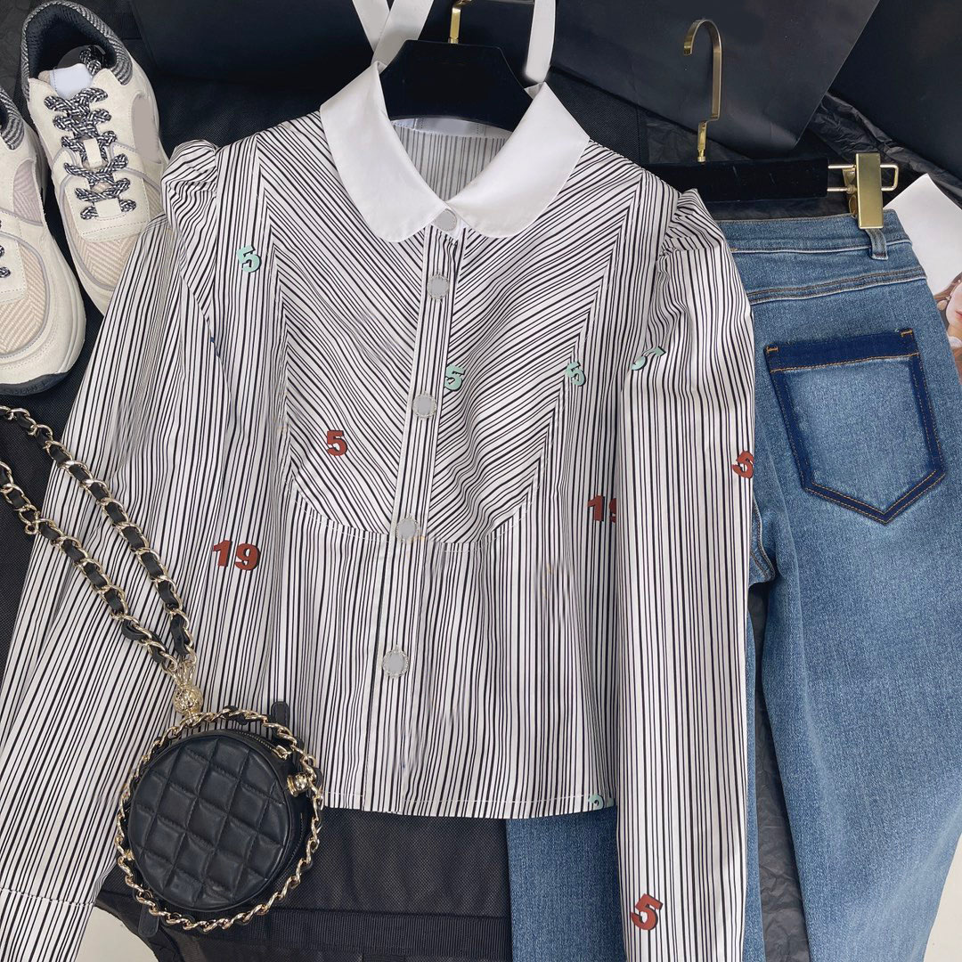 

2023 Women's Sweet Blouses Spring Summer Runway Luxury Stripe Print Lapel Long Sleeve Tops Clothing T-shirt Fashion Women's Shirts, White