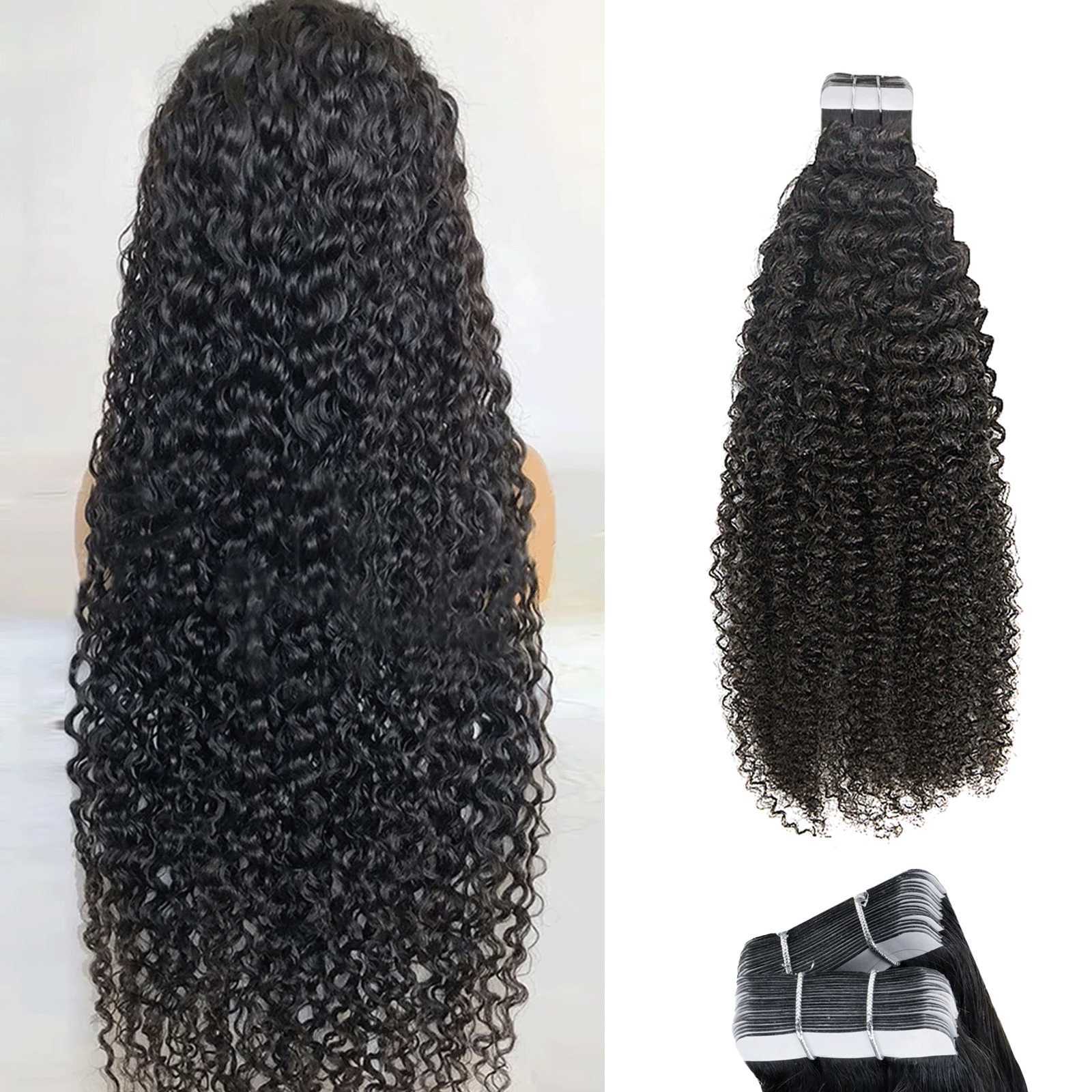 

Wig Caps Kinky Curly tape In Hair Extensions Human Hair For Women Remy Hair Adhesive Invisible #1B Natural Black tape Hair Extensions