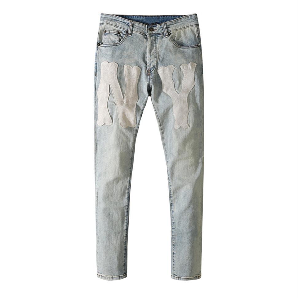 

Mens jeans NY printed washed light blue street fashion brand319z