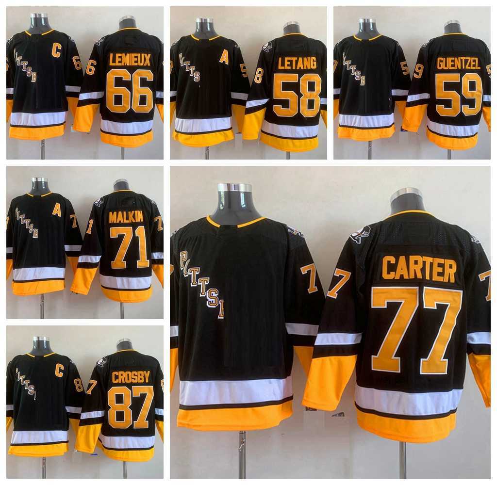 

Mens 2022 New Alternate Black #77 Jeff Carter Hockey Jerseys 87 Crosby 71 Malkin 59 Guentzel 58 Letang 66 Lemieux Stitched Shirts S, Black blank