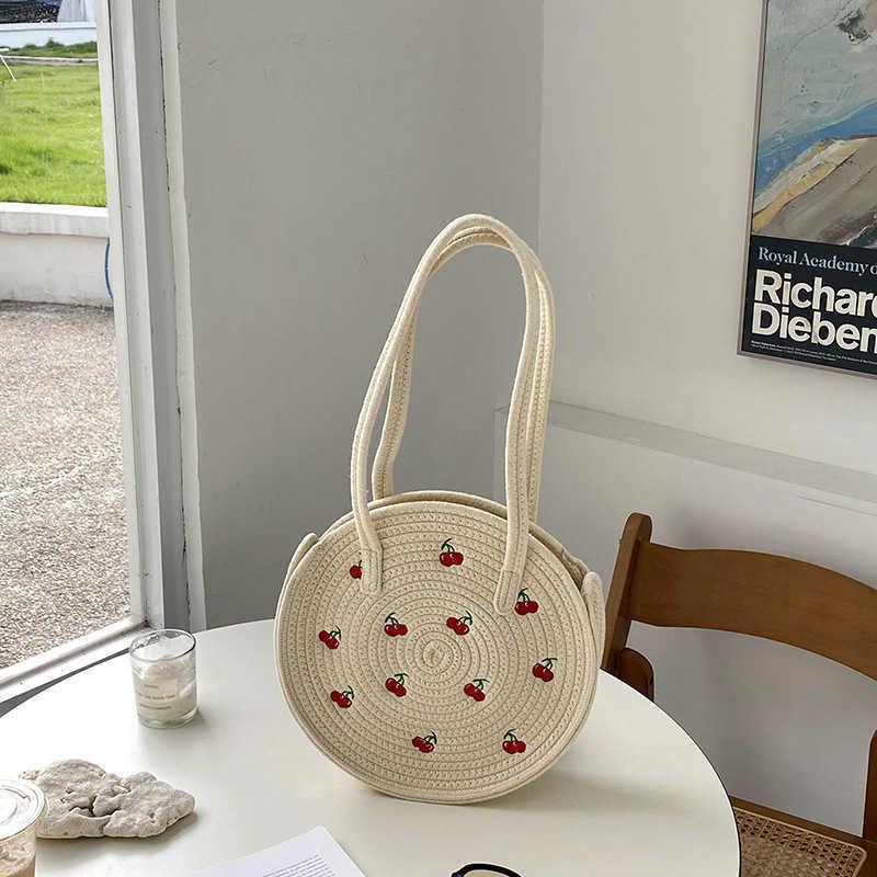 

designer beach Bag luxurys handBag Artistic Fresh Lovely Beach Embroidery Women's Large Capacity Cherry Woven Bag Round Bag 230301, Beige