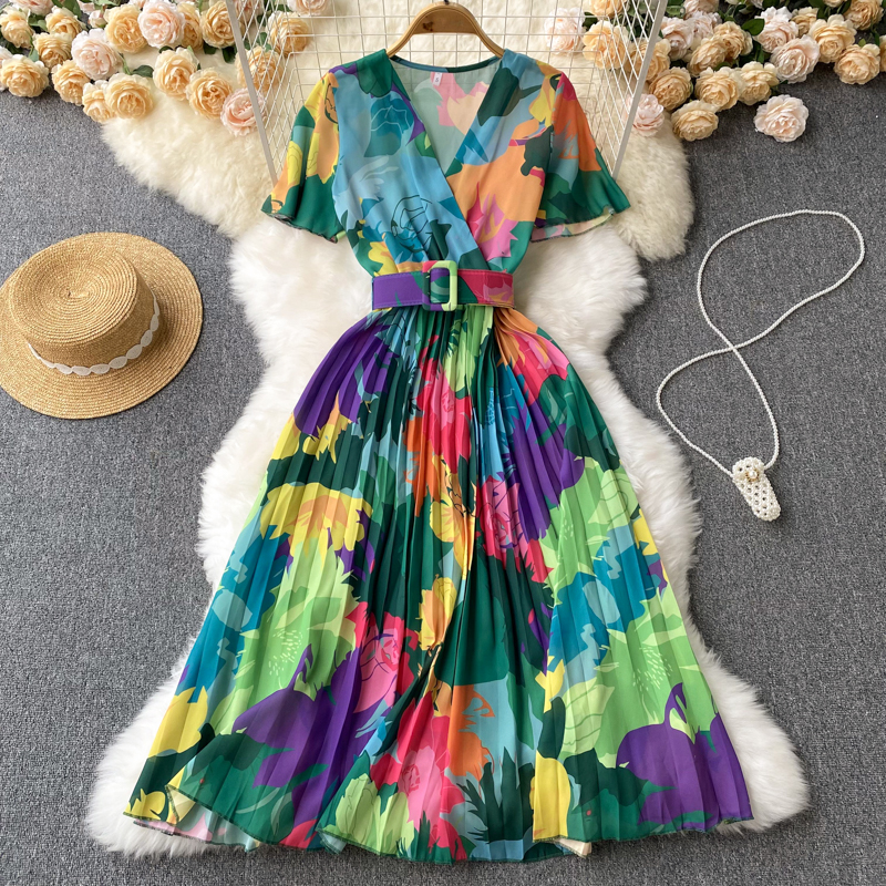 

Summer Women Fashion Casual Dresses Pleated Floral Print Dress Chiffon Vacation V Neck Sashes Ladies Beach Party A Line Vestdios 2023, Same aspicture