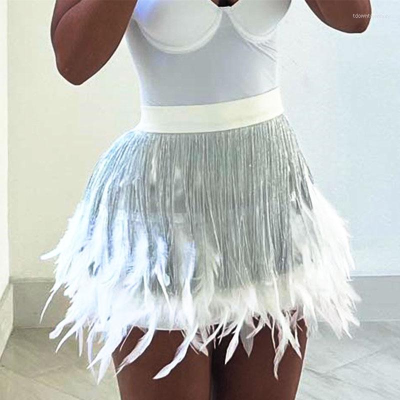 

Skirts Y2K White Aesthetic Feather Metal Tassels Fringe High Waist Elastic Streetwear Festival Mini Skorts Woman Fashion 2023