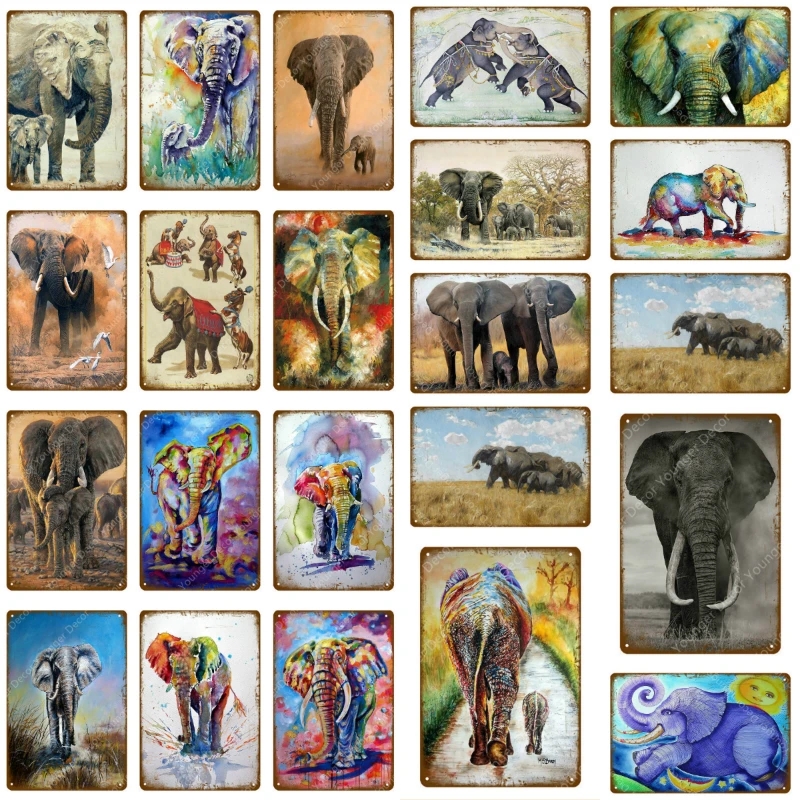

Vintage Colorful Elephant tin Posters Abstract Animals Oil Prints Metal Signs Wall Art Painting For Pub Bar Living Room Home personalized Decor Size 30X20CM w02