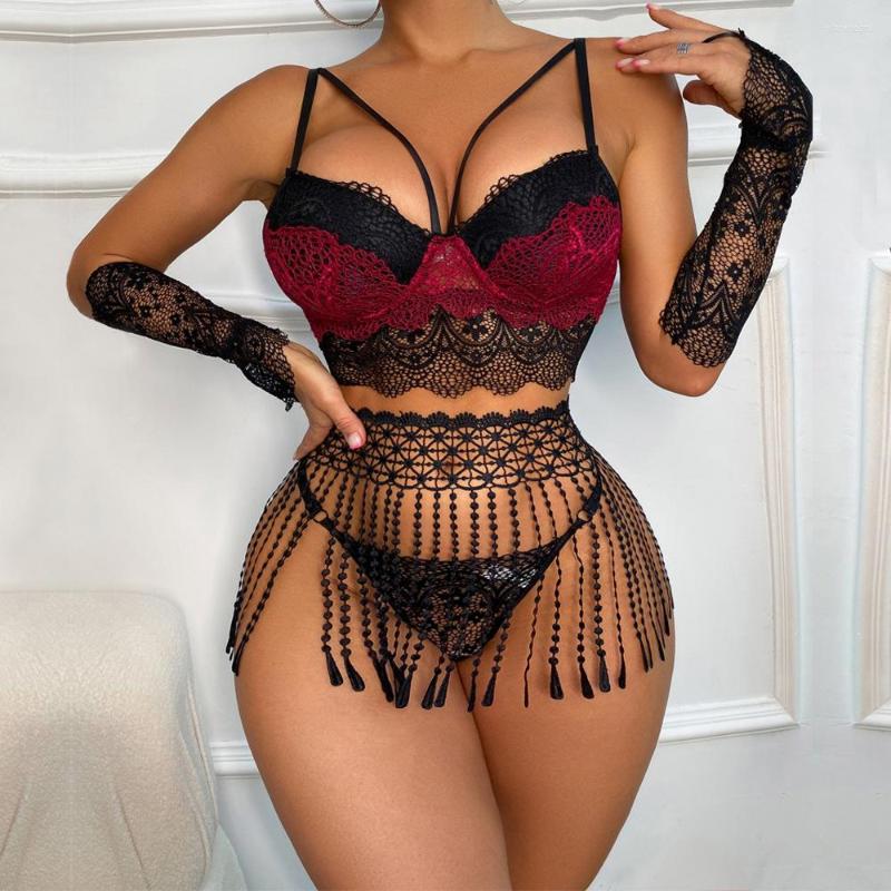 

Bras Sets Tassels Sexy Lingerie Set Lace Patchwork Women's Underwear 5-Piece Thongs Garters Intimate Disco Club Erotic Costume, Multi