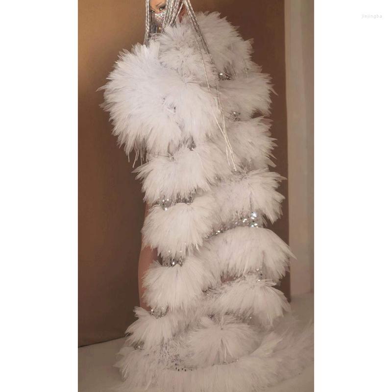 

Stage Wear Fashion Women Sparkly Sequins White Mesh Coat Female Singer DJ Show Silver Jacket Cloak Open Stitch Performance Costume, Only long coat