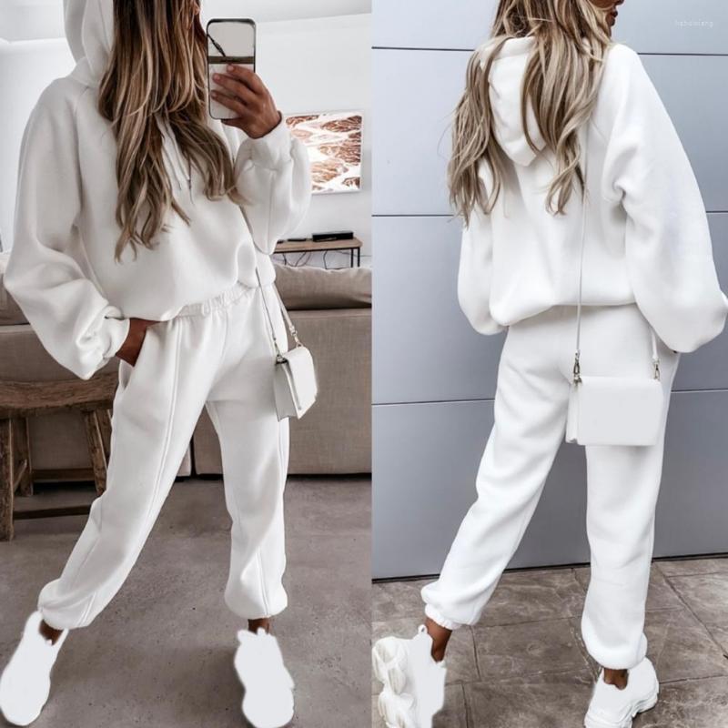 

Women' Two Piece Pants 1 Set Hoodie Women Hooded Drawstring Solid Color Long Sleeve Sports Sweatshirt Pockets Trousers Casual Sportswear, Khaki