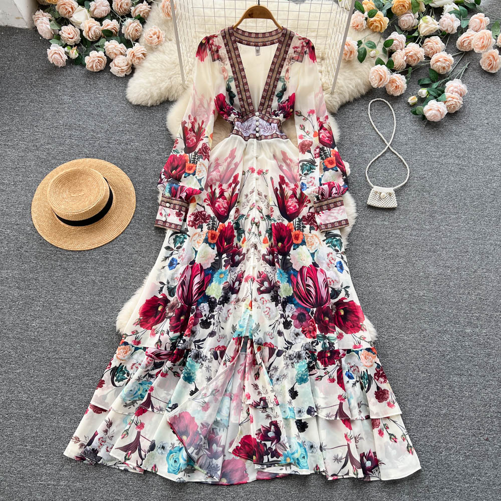 

Summer Diagonal Collar One-Shoulder Mid-Calf Dress Women Bohemian Flounced Edge Chiffon A-LINE Elegant Dresses 2023, Same as picture