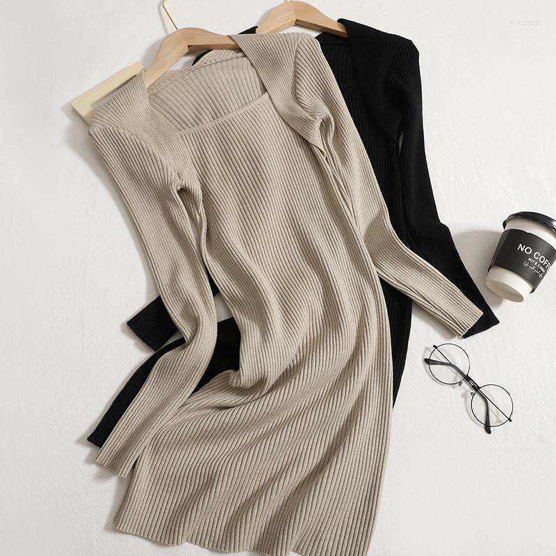 

Casual Dresses 2023 Autumn Winter Sexy Square Collar Sweater Dress Women Long Sleeve Knitted Ladies Slim Solid Bodycon Mini Short, Black