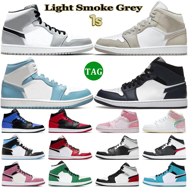 

Jumpman 1 1s Mid Basketball Shoes Men Women Linen Light Smoke Grey Digital Pink UNC Mystic Armory Navy Bred Mens Trainers Sports Sneakers, 30