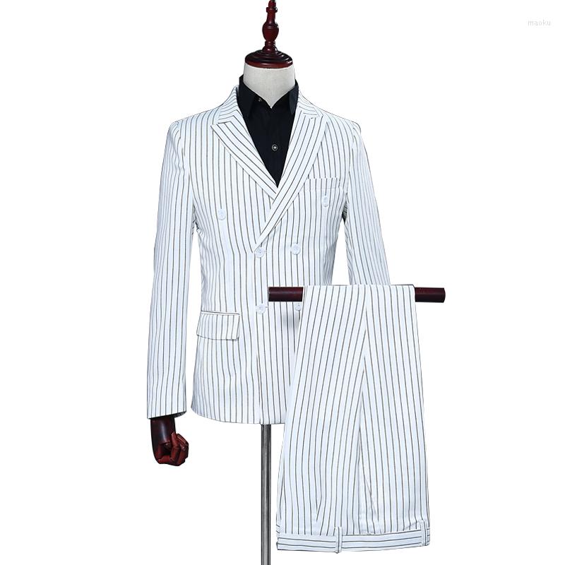 

Men' Suits White Stripe Elegant Suit Blazer With Pants 2 Pieces Set Men Business Slim Formal Jacket For Shows Party Double Breasted Coat, Jacket and pants