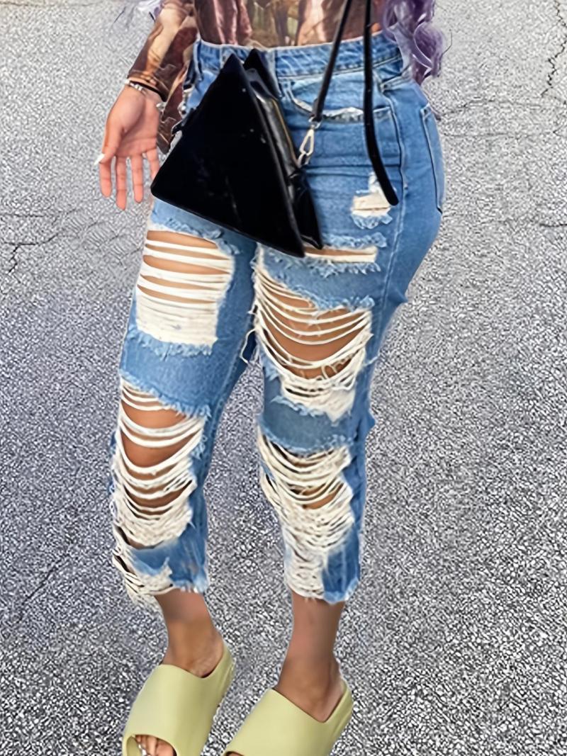 

Women's Jeans Fashion Ripped Straight Legs Dark Blue Slash Pockets Long Pants Denim & Clothing, Deep blue