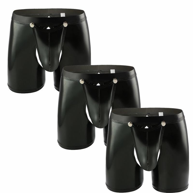 

Underpants 3PCS/Lot Sexy Mens Underwear Boxers Front Pouch Open PU Leather Lingerie U Convex Boxer Shorts Black PVC Wetlook, A4-34