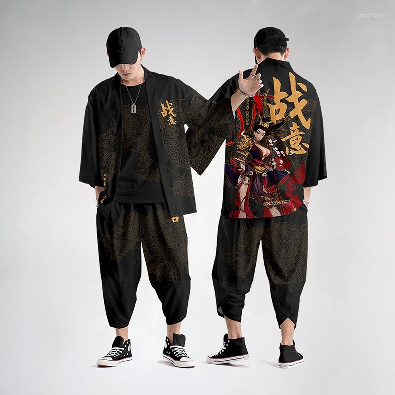 

Ethnic Clothing Japanese Style Vintage Kimono Haori Pants Set Men Traditional Harajuku Streetwear Samurai Cardigan Costume Coat