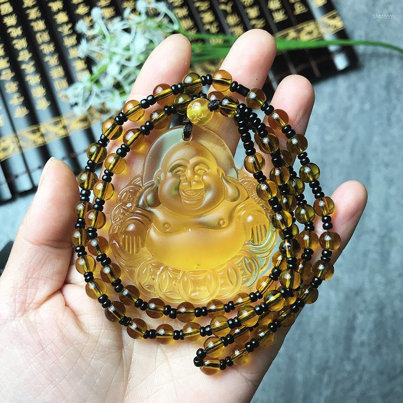 

Pendant Necklaces High Quality Unique Natural Yellow Quartz Carved Buddha Lucky Amulet Necklace For Women Men Sweater Pendants Jewelry