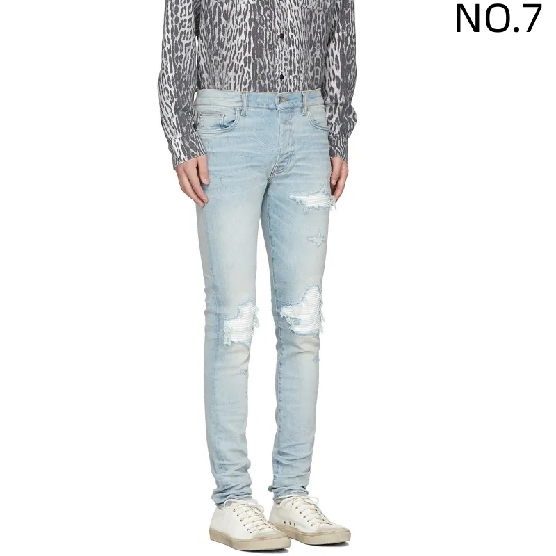 

Jeans Men's Distressed Ripped Fashion Skinny Mens Motorcycle Moto Long Off Cotton Slim Feet High Street Denim Light Blue Paste Cloth Hole Size 40 Pants Hip Hop Men A4GR, No.16