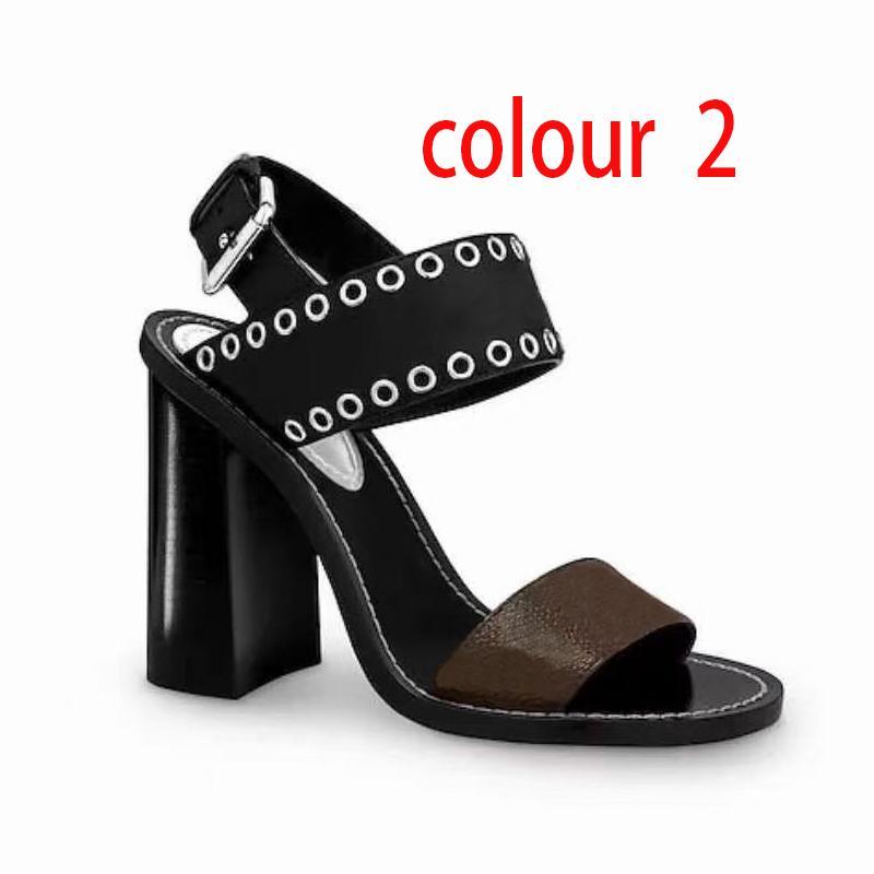 

Classic High heeled sandals party 100% leather women Dance shoe designer sexy letter heels 10cm rivet Lady Metal Belt buckle Thick Heel Woman shoes Large size 35-41-42, Colour 3
