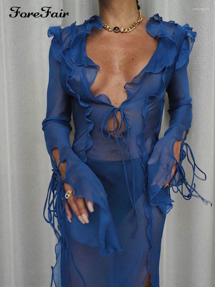 

Casual Dresses Forefair Blue Bandage Maxi Beach Dress Summer Ruffle Long Sleeve Mesh See Though Party Outfit Women Club Hollow Out Sexy, Blue 2